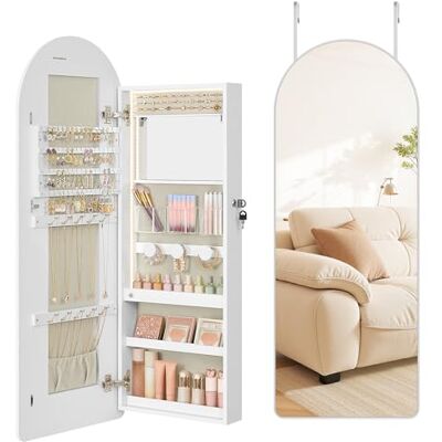 SONGMICS Grand organiseur à bijoux, armoire à bijoux LED, miroir bombé avec rangement, verrouillable, coins arrondis, miroir intérieur, blanc nuage JJC020W01 - Publicité SONGMICS Grand organiseur à bijoux, armoire à bijoux LED, miroir bombé avec rangement, verrouillable, coins arrondis, miroir intérieur, blanc nuage JJC020W01 - Publicité
