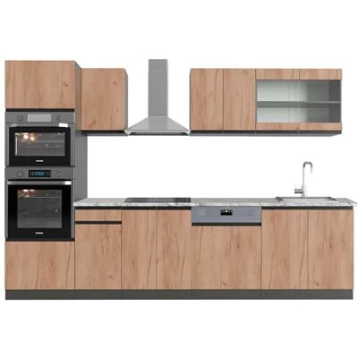 Vicco Cuisine R-Line, Chêne doré/Anthracite, 300cm J-Shape avec Armoire Haute, PT Marbre, adapté à Une Extension Flexible avec des modules complémentaires - Publicité Vicco Cuisine R-Line, Chêne doré/Anthracite, 300cm J-Shape avec Armoire Haute, PT Marbre, adapté à Une Extension Flexible avec des modules complémentaires - Publicité