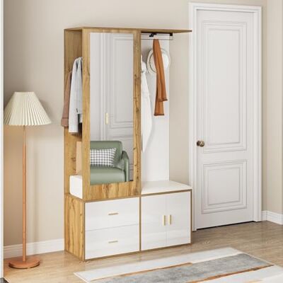 Merax Garde-robe de couloir avec miroir, armoire à chaussures et banc à chaussures, garde-robe compacte avec cintres extensibles, blanc et couleur bois - Publicité Merax Garde-robe de couloir avec miroir, armoire à chaussures et banc à chaussures, garde-robe compacte avec cintres extensibles, blanc et couleur bois - Publicité