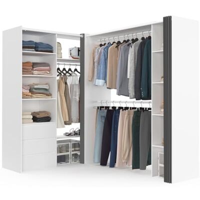 IDMarket Dressing extensible d'angle MARLON 200 x 150 x 180 cm cm blanc avec penderies + tiroirs + étagères + rideaux gris - Publicité IDMarket Dressing extensible d'angle MARLON 200 x 150 x 180 cm cm blanc avec penderies + tiroirs + étagères + rideaux gris - Publicité