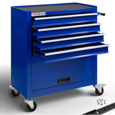 AREBOS Servante d’Atelier avec 4 tiroirs, Grand Compartiment et Tapis antidérapants Tiroirs à roulement à Billes 2 roulettes avec Frein Rangement Mobile pour Outils – Bleu - Publicité AREBOS Servante d’Atelier avec 4 tiroirs, Grand Compartiment et Tapis antidérapants Tiroirs à roulement à Billes 2 roulettes avec Frein Rangement Mobile pour Outils – Bleu - Publicité