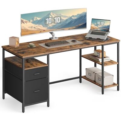 VASAGLE Bureau d’Ordinateur, Table avec Rangement, 3 Étagères, 2 Tiroirs, 160 x 60 x 76 cm, pour Bureau, Salon, Style Industriel, Marron Rustique et Noir Mat LWD105K01 - Publicité VASAGLE Bureau d’Ordinateur, Table avec Rangement, 3 Étagères, 2 Tiroirs, 160 x 60 x 76 cm, pour Bureau, Salon, Style Industriel, Marron Rustique et Noir Mat LWD105K01 - Publicité