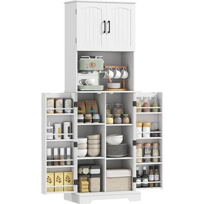 HOMCOM Buffet haut cuisine, armoire de cuisine avec 4 portes, vaisselier, 8 porte-épices, étagères ajustables, meuble de rangement pour salon salle à manger, plan de travail, 60 x 40 x 181,5 cm, blanc - Publicité HOMCOM Buffet haut cuisine, armoire de cuisine avec 4 portes, vaisselier, 8 porte-épices, étagères ajustables, meuble de rangement pour salon salle à manger, plan de travail, 60 x 40 x 181,5 cm, blanc - Publicité