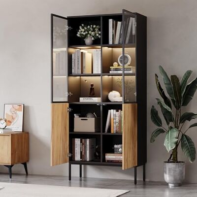 BTM Vitrine avec Portes vitrées, Meuble de 180 cm de Hauteur avec éclairage LED, bibliothèque, vitrine en Verre à 5 Niveaux pour Objets de Collection, bibliothèque, Bureau, Noir/chêne - Publicité BTM Vitrine avec Portes vitrées, Meuble de 180 cm de Hauteur avec éclairage LED, bibliothèque, vitrine en Verre à 5 Niveaux pour Objets de Collection, bibliothèque, Bureau, Noir/chêne - Publicité