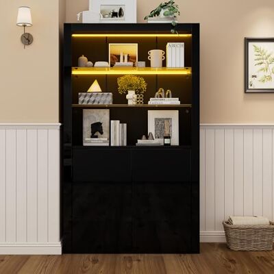 Merax Vitrine LED 100x35x170 cm Noir Brillant – Meuble Vitrine Moderne avec Éclairage LED APP LotusLantern, Highboard avec 2 Portes et Étagères en Verre - Publicité Merax Vitrine LED 100x35x170 cm Noir Brillant – Meuble Vitrine Moderne avec Éclairage LED APP LotusLantern, Highboard avec 2 Portes et Étagères en Verre - Publicité