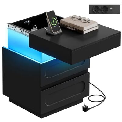 WOLTU Table de Chevet Connctée, Table de Nuit LED, Éclairage Réglable, Compartiment Caché avec Serrure et 2 Tiroirs, en Bois d'Ingénierie, 45x40x58 cm, Noir - Publicité WOLTU Table de Chevet Connctée, Table de Nuit LED, Éclairage Réglable, Compartiment Caché avec Serrure et 2 Tiroirs, en Bois d'Ingénierie, 45x40x58 cm, Noir - Publicité