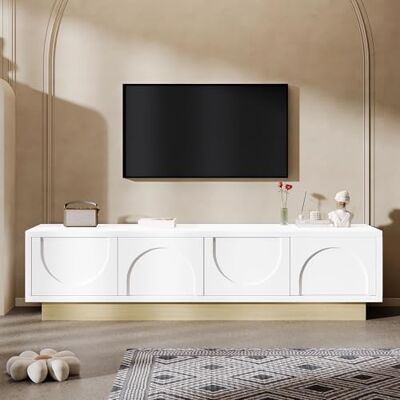 Merax Meuble TV blanc avec grain de bois 175 cm Design incurvé minimaliste Espace de rangement suffisant et gestion des câbles Sans poignée avec fonction push-to-open 175 x 40 x 42 cm (L x l - Publicité Merax Meuble TV blanc avec grain de bois 175 cm Design incurvé minimaliste Espace de rangement suffisant et gestion des câbles Sans poignée avec fonction push-to-open 175 x 40 x 42 cm (L x l - Publicité