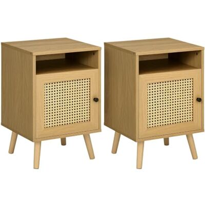 HOMCOM Lot de 2 Tables de Chevet Tables de Nuit 39 x 35 x 60 cm Naturel avec Placard Porte Cannage et Niche, Design Vintage - Publicité HOMCOM Lot de 2 Tables de Chevet Tables de Nuit 39 x 35 x 60 cm Naturel avec Placard Porte Cannage et Niche, Design Vintage - Publicité