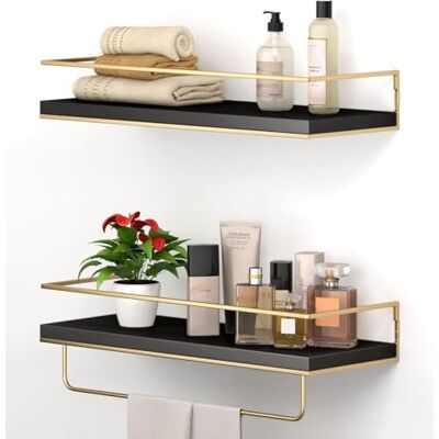 Shario Lot de 2 étagères flottantes à fixation murale avec porte-serviettes doré, étagères de rangement décoratives pour salle de bain, cuisine, salon et chambre à coucher (noir doré, 40 cm) - Publicité Shario Lot de 2 étagères flottantes à fixation murale avec porte-serviettes doré, étagères de rangement décoratives pour salle de bain, cuisine, salon et chambre à coucher (noir doré, 40 cm) - Publicité