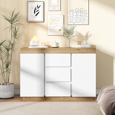 Merax Commode moderne avec 2 portes et 3 tiroirs pour salon, salle à manger et chambre à coucher, 120,5 x 40,2 x 82,5 cm, blanc et bois - Publicité Merax Commode moderne avec 2 portes et 3 tiroirs pour salon, salle à manger et chambre à coucher, 120,5 x 40,2 x 82,5 cm, blanc et bois - Publicité