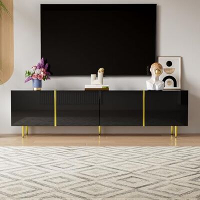 BTM Meuble TV Noir, Meuble TV 170cm de Longueur avec 4 Portes, Meuble Télé de Salon avec Lignes Dorées, Surface Brillante, Capacité de 60kg, 170x35x46cm - Publicité BTM Meuble TV Noir, Meuble TV 170cm de Longueur avec 4 Portes, Meuble Télé de Salon avec Lignes Dorées, Surface Brillante, Capacité de 60kg, 170x35x46cm - Publicité