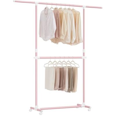SONGMICS LLR401R01 Portant à vêtements double avec rail extensible et central réglable, sur roulettes, hauteur de 113 à 180 cm, rose gelé - Publicité SONGMICS LLR401R01 Portant à vêtements double avec rail extensible et central réglable, sur roulettes, hauteur de 113 à 180 cm, rose gelé - Publicité