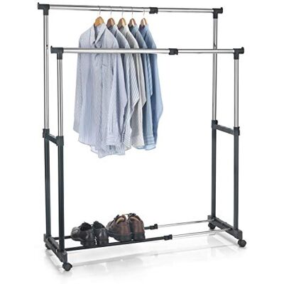 IDIMEX Portant à vêtements CASA en métal chromé et Noir, penderie Double sur roulettes vestiaire Mobile avec 2 Barres Hauteur et Longueur réglables - Publicité IDIMEX Portant à vêtements CASA en métal chromé et Noir, penderie Double sur roulettes vestiaire Mobile avec 2 Barres Hauteur et Longueur réglables - Publicité