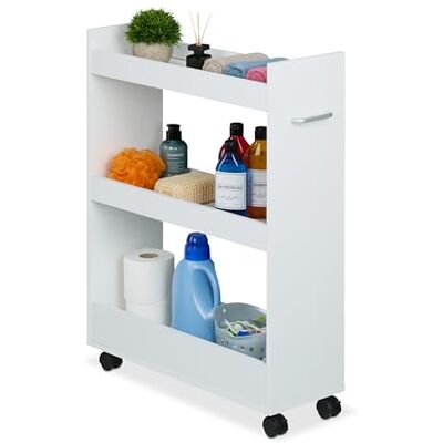 Relaxdays Chariot de Niche, 3 Compartiments, H x L x P : 78 x 21,5 x 63 cm, MDF, Étagère à roulettes, Blanc - Publicité Relaxdays Chariot de Niche, 3 Compartiments, H x L x P : 78 x 21,5 x 63 cm, MDF, Étagère à roulettes, Blanc - Publicité