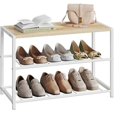 WOLTU Étagère à Chaussures, Étagère pour Chaussures avec 2 Étages en Treillis et Cadre Métallique pour Entrée, Couloir, Salon, 63x30x43cm, Chêne Clair+Blanc - Publicité WOLTU Étagère à Chaussures, Étagère pour Chaussures avec 2 Étages en Treillis et Cadre Métallique pour Entrée, Couloir, Salon, 63x30x43cm, Chêne Clair+Blanc - Publicité