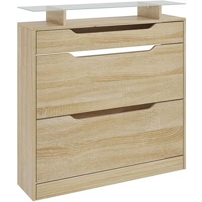 HOMCOM Armoire à Chaussures avec 2 Tiroirs Rabattables + 1 Tiroir Coulissant + 1 Comptoir et 1 Plateau en Verre Étagère Réglable sur 2 Niveaux 89 x 23 x 96 cm chêne - Publicité HOMCOM Armoire à Chaussures avec 2 Tiroirs Rabattables + 1 Tiroir Coulissant + 1 Comptoir et 1 Plateau en Verre Étagère Réglable sur 2 Niveaux 89 x 23 x 96 cm chêne - Publicité