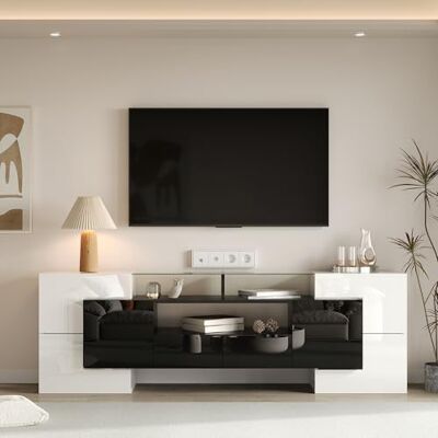 Merax Meuble TV LED brillant 200 cm, avec support TV moderne avec surface en verre, meuble de salon avec portes, tiroirs et compartiments, 200 x 35 x 60 cm (L x l x H) (blanc et noir) - Publicité Merax Meuble TV LED brillant 200 cm, avec support TV moderne avec surface en verre, meuble de salon avec portes, tiroirs et compartiments, 200 x 35 x 60 cm (L x l x H) (blanc et noir) - Publicité