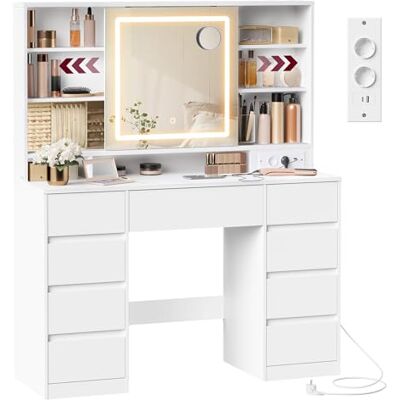 VASAGLE Kailyn Collection Coiffeuse avec Miroir LED, Multiprise, 9 Tiroirs, Loupe 10x, Rangement Bijoux, Éclairage 3 Couleurs, Installation des Rails sans Outils, Blanc Nuage RDT137W01 - Publicité VASAGLE Kailyn Collection Coiffeuse avec Miroir LED, Multiprise, 9 Tiroirs, Loupe 10x, Rangement Bijoux, Éclairage 3 Couleurs, Installation des Rails sans Outils, Blanc Nuage RDT137W01 - Publicité