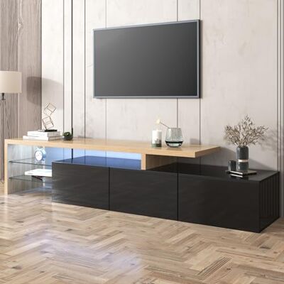 BTM Meuble TV en Verre, Banc TV LED, Rangement Pratique, pour Télévisions 90 Pouces, Salon Chambre, Noir Brillant et Bois, 200x39x42 cm - Publicité BTM Meuble TV en Verre, Banc TV LED, Rangement Pratique, pour Télévisions 90 Pouces, Salon Chambre, Noir Brillant et Bois, 200x39x42 cm - Publicité