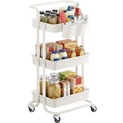 SONGMICS Chariot de Rangement, 3 Niveaux, Desserte sur roulettes, Étagère, Poignée, 2 Pots, 2 Freins, Paniers en Plastique, Montage Facile, Chambre, Cuisine, Blanc BSC067W01 - Publicité SONGMICS Chariot de Rangement, 3 Niveaux, Desserte sur roulettes, Étagère, Poignée, 2 Pots, 2 Freins, Paniers en Plastique, Montage Facile, Chambre, Cuisine, Blanc BSC067W01 - Publicité