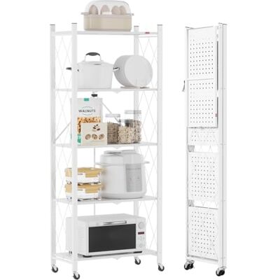 DEANIC Étagères de Rangement Pliantes en métal à 5 Niveaux pour Rangement 61 x 147 x 28 cm Étagères d'angle à roulettes pour Cuisine, Garde-Manger, bibliothèque pour Salon Blanc - Publicité DEANIC Étagères de Rangement Pliantes en métal à 5 Niveaux pour Rangement 61 x 147 x 28 cm Étagères d'angle à roulettes pour Cuisine, Garde-Manger, bibliothèque pour Salon Blanc - Publicité