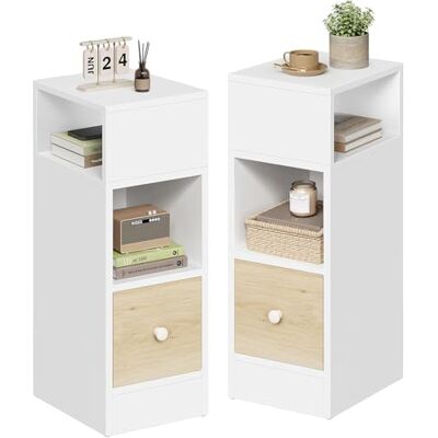 EUGAD Lot de 2 Tables de Chevet Étroite, Tables de Nuit avec 2 Compartiments Ouverts et 1 Tiroir, 25x30x66cm, Compact, pour Chambre à Coucher, en Aggloméré, Blanc et Chêne Clair, 0011CTG-2 - Publicité EUGAD Lot de 2 Tables de Chevet Étroite, Tables de Nuit avec 2 Compartiments Ouverts et 1 Tiroir, 25x30x66cm, Compact, pour Chambre à Coucher, en Aggloméré, Blanc et Chêne Clair, 0011CTG-2 - Publicité