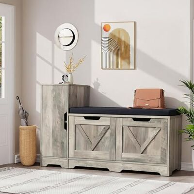 YITAHOME Banc à Chaussures, Meuble Chaussure Banc avec Siège Rembourré et Coussin, Double Porte Ouverte Rangement Chaussure avec Armoires Latérales, Meuble d'Entrée, 105 x 37 x 65.5cm, Gris - Publicité YITAHOME Banc à Chaussures, Meuble Chaussure Banc avec Siège Rembourré et Coussin, Double Porte Ouverte Rangement Chaussure avec Armoires Latérales, Meuble d'Entrée, 105 x 37 x 65.5cm, Gris - Publicité