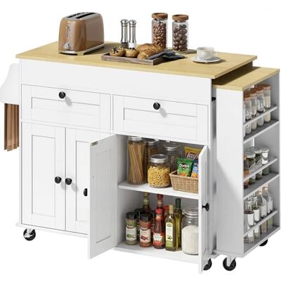 HOMCOM Îlot Central Cuisine avec Plateau Extensible, Desserte de Cuisine sur roulettes avec 2 Tiroirs, 4 Portes, Porte-Serviettes et Porte-Épices, Style Rustique,127,2-189,2 x 50 x 87,8 cm, Blanc - Publicité HOMCOM Îlot Central Cuisine avec Plateau Extensible, Desserte de Cuisine sur roulettes avec 2 Tiroirs, 4 Portes, Porte-Serviettes et Porte-Épices, Style Rustique,127,2-189,2 x 50 x 87,8 cm, Blanc - Publicité