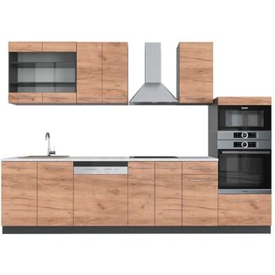 Vicco Cuisine Fame-Line, Chêne doré/Anthracite, 300cm avec Armoire Haute, PT Marbre, Extensible avec des modules supplémentaires et Disposition Variable - Publicité Vicco Cuisine Fame-Line, Chêne doré/Anthracite, 300cm avec Armoire Haute, PT Marbre, Extensible avec des modules supplémentaires et Disposition Variable - Publicité