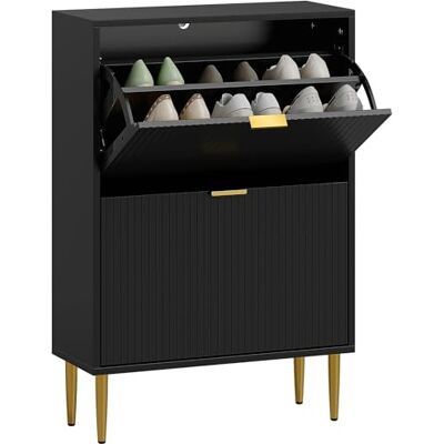 HOMCOM Meuble à Chaussures 12 Paires, Armoire à Chaussures étroite Moderne avec 2 tiroirs rabattables, Portes cannelées et étagères réglables, pour Couloir et entrée, 60 x 24 x 91,5 cm, Noir - Publicité HOMCOM Meuble à Chaussures 12 Paires, Armoire à Chaussures étroite Moderne avec 2 tiroirs rabattables, Portes cannelées et étagères réglables, pour Couloir et entrée, 60 x 24 x 91,5 cm, Noir - Publicité