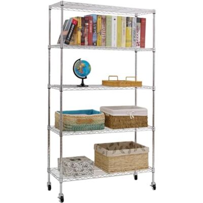 KARAT Étagère étroite sur roulettes en métal Maya avec 5 étagères, Chariot pour Cuisine, Salle de Bains, débarras jusqu'à 120kg, avec Frein de Blocage 89x34x150 cm (Chromé) - Publicité KARAT Étagère étroite sur roulettes en métal Maya avec 5 étagères, Chariot pour Cuisine, Salle de Bains, débarras jusqu'à 120kg, avec Frein de Blocage 89x34x150 cm (Chromé) - Publicité
