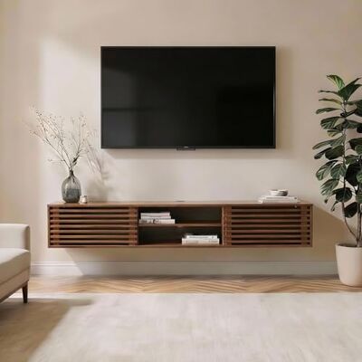 IDIMEX Meuble TV Suspendu RIAN 175 cm avec Portes Coulissantes et Niche avec Étagère en Bois Massif Coloris Châtaignier, pour Télévision Jusqu'à 75", Meuble de Rangement pour Salon Moderne - Publicité IDIMEX Meuble TV Suspendu RIAN 175 cm avec Portes Coulissantes et Niche avec Étagère en Bois Massif Coloris Châtaignier, pour Télévision Jusqu'à 75", Meuble de Rangement pour Salon Moderne - Publicité