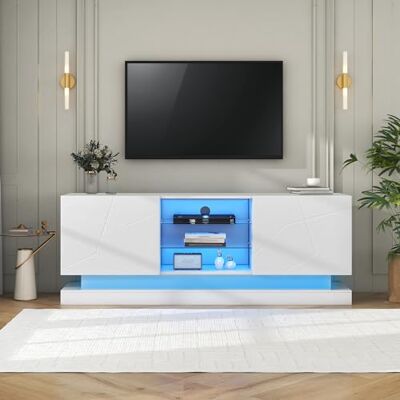 Merax Meuble TV blanc brillant 1,6 m de long Étagère en verre réglable Espace de 70 pouces Rangement élégant avec crochets silencieux - Publicité Merax Meuble TV blanc brillant 1,6 m de long Étagère en verre réglable Espace de 70 pouces Rangement élégant avec crochets silencieux - Publicité