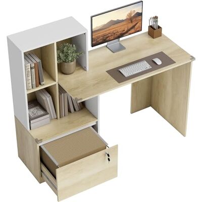 HOMCOM Bureau d'Ordinateur avec Bibliothèque, 4 Compartiments et Tiroir Verrouillable à Dossiers, Patins Anti-Collision, Table Informatique pour Chambre, Salle d'Étude, 126x50x109cm, Chêne et Blanc - Publicité HOMCOM Bureau d'Ordinateur avec Bibliothèque, 4 Compartiments et Tiroir Verrouillable à Dossiers, Patins Anti-Collision, Table Informatique pour Chambre, Salle d'Étude, 126x50x109cm, Chêne et Blanc - Publicité