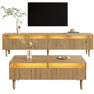 Merax Ensemble de meubles LED pour salon, meuble TV 178x35x45cm, avec 4 portes, table basse 110x50x40cm, avec 2 tiroirs, façade en acrylique, éclairage LED avec télécommande, grand espace de rangement - Publicité Merax Ensemble de meubles LED pour salon, meuble TV 178x35x45cm, avec 4 portes, table basse 110x50x40cm, avec 2 tiroirs, façade en acrylique, éclairage LED avec télécommande, grand espace de rangement - Publicité