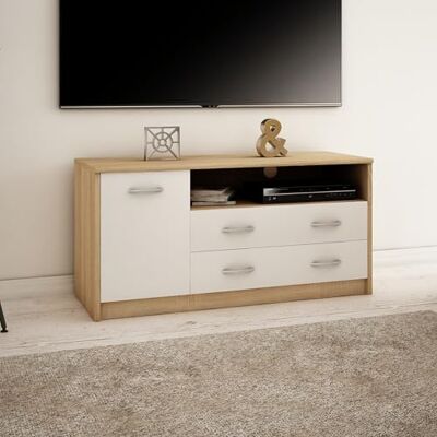 Home Collective Meuble TV Lowboard de 110 cm de large avec surface mate Table TV avec 1 porte, 2 tiroirs et 2 étagères, en panneau stratifié, bord arrondi et rails à roulettes en métal Commode TV Sonoma blanc - Publicité Home Collective Meuble TV Lowboard de 110 cm de large avec surface mate Table TV avec 1 porte, 2 tiroirs et 2 étagères, en panneau stratifié, bord arrondi et rails à roulettes en métal Commode TV Sonoma blanc - Publicité