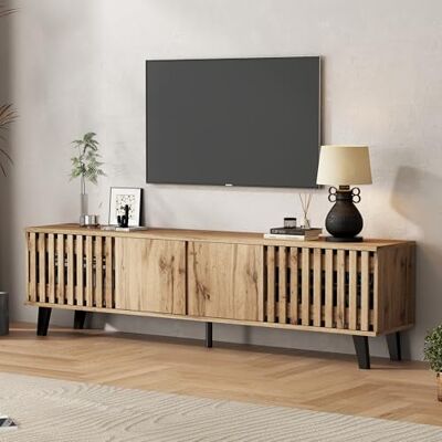 Merax Meuble TV 180 cm Meuble TV bas avec 4 armoires pour TV de 70" Portes ajourées Commode TV Meuble Hi-Fi pour salon, chambre à coucher, style maison de campagne Couleur bois d'origine - Publicité Merax Meuble TV 180 cm Meuble TV bas avec 4 armoires pour TV de 70" Portes ajourées Commode TV Meuble Hi-Fi pour salon, chambre à coucher, style maison de campagne Couleur bois d'origine - Publicité