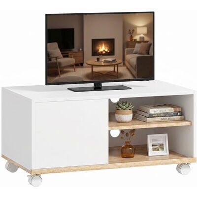 HOMCOM Meuble TV bas sur roulettes avec armoire, passe-câbles et étagère réglable, table TV pour téléviseurs jusqu'à 32", meuble TV pour salon, blanc et chêne, 80 x 45 x 41 cm - Publicité HOMCOM Meuble TV bas sur roulettes avec armoire, passe-câbles et étagère réglable, table TV pour téléviseurs jusqu'à 32", meuble TV pour salon, blanc et chêne, 80 x 45 x 41 cm - Publicité
