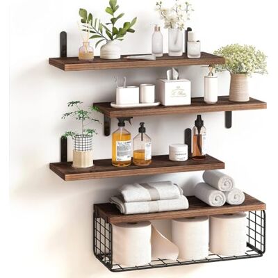 BAKAJI Lot de 4 étagères murales en Bois Massif, étagères murales polyvalentes, Supports et Panier en métal, étagères pour Chambre à Coucher, Salon, Cuisine, Salle de Bains, bibliothèque, Gain de - Publicité BAKAJI Lot de 4 étagères murales en Bois Massif, étagères murales polyvalentes, Supports et Panier en métal, étagères pour Chambre à Coucher, Salon, Cuisine, Salle de Bains, bibliothèque, Gain de - Publicité
