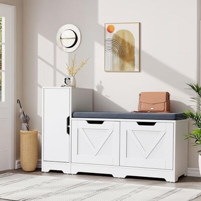 YITAHOME Banc à Chaussures, Meuble Chaussure Banc avec Siège Rembourré et Coussin, Double Porte Ouverte Rangement Chaussure avec Armoires Latérales, Meuble d'Entrée, 105 x 37 x 65.5cm, Blanc - Publicité YITAHOME Banc à Chaussures, Meuble Chaussure Banc avec Siège Rembourré et Coussin, Double Porte Ouverte Rangement Chaussure avec Armoires Latérales, Meuble d'Entrée, 105 x 37 x 65.5cm, Blanc - Publicité