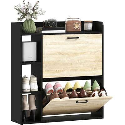 HOMCOM Meuble à Chaussures 15 Paires, Armoire à Chaussures Moderne avec 2 Tiroirs Rabattables, Étagères Réglables, 3 Étagères Latéraux, pour Couloir et Entrée, 83 x 24 x 90,5 cm, Noir et Bois Naturel - Publicité HOMCOM Meuble à Chaussures 15 Paires, Armoire à Chaussures Moderne avec 2 Tiroirs Rabattables, Étagères Réglables, 3 Étagères Latéraux, pour Couloir et Entrée, 83 x 24 x 90,5 cm, Noir et Bois Naturel - Publicité