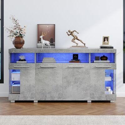 Merax Buffet brillant avec éclairage LED 140 x 40 x 70 cm Table d'appoint de salon avec verre trempé et 3 compartiments de rangement Couleur ciment - Publicité Merax Buffet brillant avec éclairage LED 140 x 40 x 70 cm Table d'appoint de salon avec verre trempé et 3 compartiments de rangement Couleur ciment - Publicité