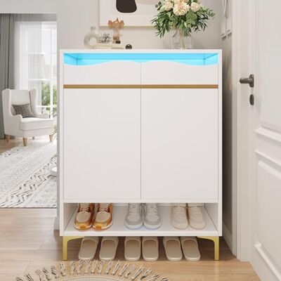 BTM Rangement à Chaussures Moderne Blanc avec LED 16 Couleurs – étroit pour Couloir 80×35×105 cm avec tiroirs & Plateaux – pour Couloir, Salon & entrée - Publicité BTM Rangement à Chaussures Moderne Blanc avec LED 16 Couleurs – étroit pour Couloir 80×35×105 cm avec tiroirs & Plateaux – pour Couloir, Salon & entrée - Publicité