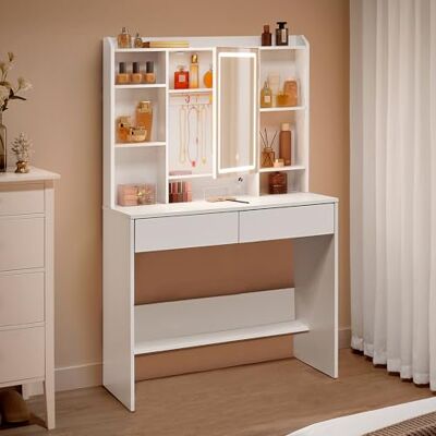 VASAGLE Kailyn Collection Coiffeuse avec Miroir LED, 3 Couleurs, Luminosité Réglable, Table de Maquillage, Grand, Étagère de Rangement Réglable, 2 Tiroirs, Style Moderne, Blanc RDT123WB01 - Publicité VASAGLE Kailyn Collection Coiffeuse avec Miroir LED, 3 Couleurs, Luminosité Réglable, Table de Maquillage, Grand, Étagère de Rangement Réglable, 2 Tiroirs, Style Moderne, Blanc RDT123WB01 - Publicité