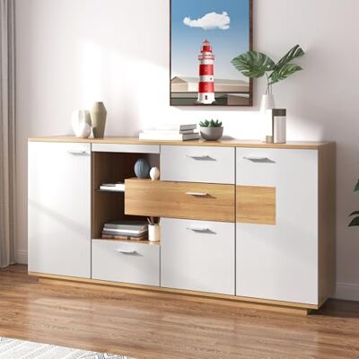 Merax Commode en Bois, Buffet Moderne avec Éclairage LED et Plateau en Verre, Meuble avec 2 Portes et 4 Tiroirs, pour Salon, Salle à Manger et Chambre, 160x40x77 cm, Blanc et Couleur Bois - Publicité Merax Commode en Bois, Buffet Moderne avec Éclairage LED et Plateau en Verre, Meuble avec 2 Portes et 4 Tiroirs, pour Salon, Salle à Manger et Chambre, 160x40x77 cm, Blanc et Couleur Bois - Publicité
