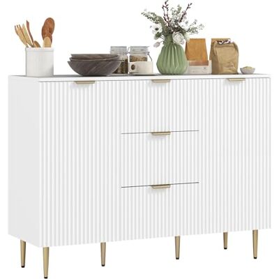 HOMCOM Buffet Meuble Cuisine Rangement Meuble de Rangement avec 3 tiroirs, étagères réglables, placards à Portes cannelées et Pieds en métal, pour Salle à Manger et Salon, 120 x 40 x 90 cm, Blanc - Publicité HOMCOM Buffet Meuble Cuisine Rangement Meuble de Rangement avec 3 tiroirs, étagères réglables, placards à Portes cannelées et Pieds en métal, pour Salle à Manger et Salon, 120 x 40 x 90 cm, Blanc - Publicité