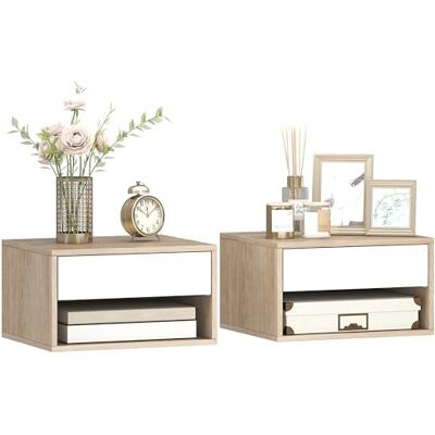 HOMCOM Lot de 2 Tables de Chevet murales, Tables de Nuit suspendues avec tiroir Coulissant, Compartiment Ouvert, Plateau, Style Moderne, 37 x 32 x 21 cm, Bois Naturel et Blanc - Publicité HOMCOM Lot de 2 Tables de Chevet murales, Tables de Nuit suspendues avec tiroir Coulissant, Compartiment Ouvert, Plateau, Style Moderne, 37 x 32 x 21 cm, Bois Naturel et Blanc - Publicité
