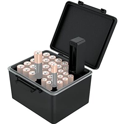 JJC Étui de rangement pour piles AAA AA avec testeur de batterie, support rigide résistant à l'eau avec vérificateur de batterie amovible, peut contenir 20 piles AA et 14 piles AAA - Publicité JJC Étui de rangement pour piles AAA AA avec testeur de batterie, support rigide résistant à l'eau avec vérificateur de batterie amovible, peut contenir 20 piles AA et 14 piles AAA - Publicité