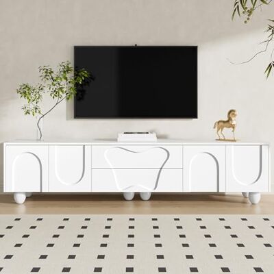 Merax Meuble TV 180 x 40 x 42 cm, avec pieds en bois naturel, meuble bas minimaliste avec espace de rangement généreux et tiroirs, matériau PB robuste, rangement polyvalent pour salon, blanc - Publicité Merax Meuble TV 180 x 40 x 42 cm, avec pieds en bois naturel, meuble bas minimaliste avec espace de rangement généreux et tiroirs, matériau PB robuste, rangement polyvalent pour salon, blanc - Publicité