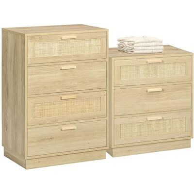 HOMCOM Commode 4 tiroirs + Commode 3 tiroirs, Meuble de Rangement Style bohème avec Cadre en Bois, chiffonnier en rotin pour Chambre à Coucher, Salon, entrée, Bois Naturel - Publicité HOMCOM Commode 4 tiroirs + Commode 3 tiroirs, Meuble de Rangement Style bohème avec Cadre en Bois, chiffonnier en rotin pour Chambre à Coucher, Salon, entrée, Bois Naturel - Publicité